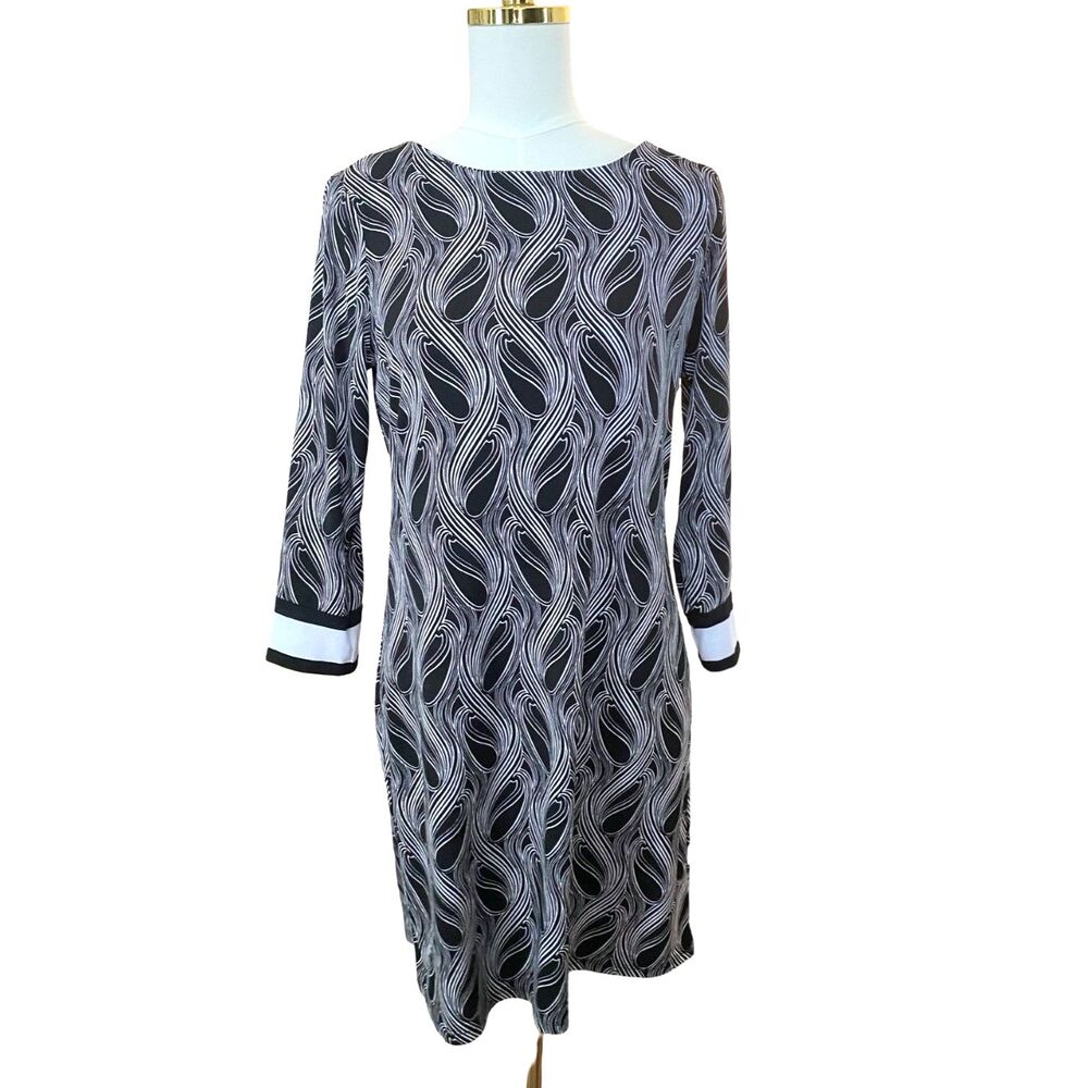 Michael Kors Geometric Shift Mini Dress M Black White Swirl Stretch Sheath Cuffs